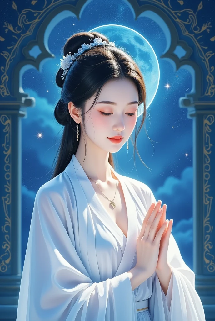 Beautiful young goddess , smiling gently, meditating , half-open eyes, perfect face, standing in the teacher's house, Perfect Balanced Body, Beautiful Brown Eyes, Light pink lips, Well-shaped medium , beautiful cleavage, earrings, necklace, Glossy Beautiful Skin, she's wearing a white dress, Hand poses are natural and cool, stars shining in the blue night sky々, in a wonderful atmosphere, feels like one with the universe, neon lights, Super Detailed, High Details, top quality, 8k, Perfect drawing composition, Open the top of the image slightly, placed in the center of the image area, Detailed illustration art,