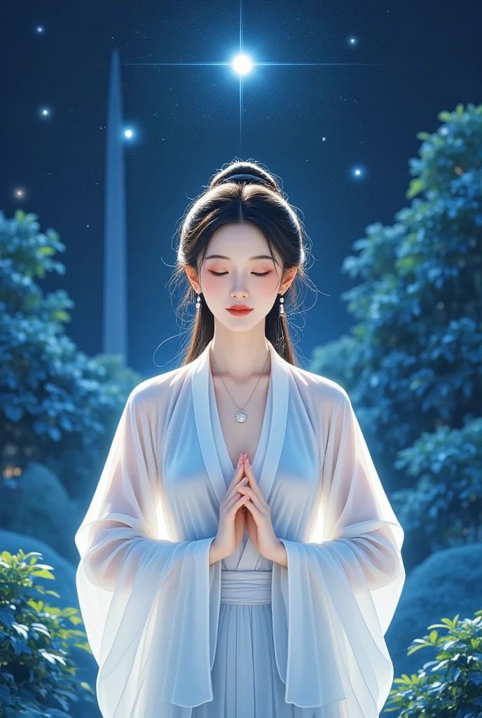 Beautiful young goddess , smiling gently, meditating , half-open eyes, perfect face, standing in the teacher's house, Perfect Balanced Body, Beautiful Brown Eyes, Light pink lips, Well-shaped medium , beautiful cleavage, earrings, necklace, Glossy Beautiful Skin, she's wearing a white dress, Hand poses are natural and cool, stars shining in the blue night sky々, in a wonderful atmosphere, feels like one with the universe, neon lights, Super Detailed, High Details, top quality, 8k, Perfect drawing composition, Open the top of the image slightly, placed in the center of the image area, Detailed illustration art,