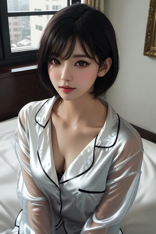 masuter piece、top-quality、hight resolution、Raw photo、realisitic、Bright lighting、face lights、Smooth professional lighting、Women in Japan、half、big sister、adult lady、Beautuful Women、女優、modeled、gravure、A sexy、Super beautiful、Realistic and beautiful skin、Beautiful and detailed eyes、A detailed face、slim、medium large breasts、short medium hair、brunette color hair、Brown eyes、Silk Pajamas