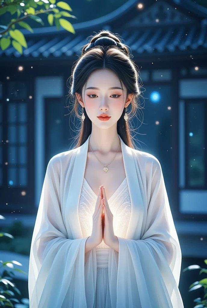 Beautiful young goddess , smiling gently, meditating , half-open eyes, perfect face, standing in the teacher's house, Perfect Balanced Body, Beautiful Brown Eyes, Light pink lips, Well-shaped medium , beautiful cleavage, earrings, necklace, Glossy Beautiful Skin, she's wearing a white dress, Hand poses are natural and cool, stars shining in the blue night sky々, in a wonderful atmosphere, feels like one with the universe, neon lights, Super Detailed, High Details, top quality, 8k, Perfect drawing composition, Open the top of the image slightly, placed in the center of the image area, Detailed illustration art,