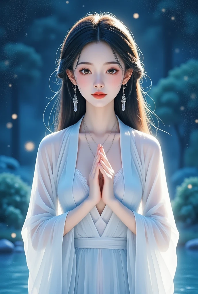 Beautiful young goddess , smiling gently,  meditating , half-open eyes, perfect face, standing in the teacher's house, Perfect Balanced Body, Beautiful Brown Eyes, Light pink lips, Well-shaped medium , beautiful cleavage, earrings, necklace, Glossy Beautiful Skin,  she's wearing a white dress, Hand poses are natural and cool,  stars shining in the blue night sky々, in a wonderful atmosphere, feels like one with the universe, neon lights, Super Detailed, High Details, top quality, 8k, Perfect drawing composition, Open the top of the image slightly, placed in the center of the image area, Detailed illustration art,