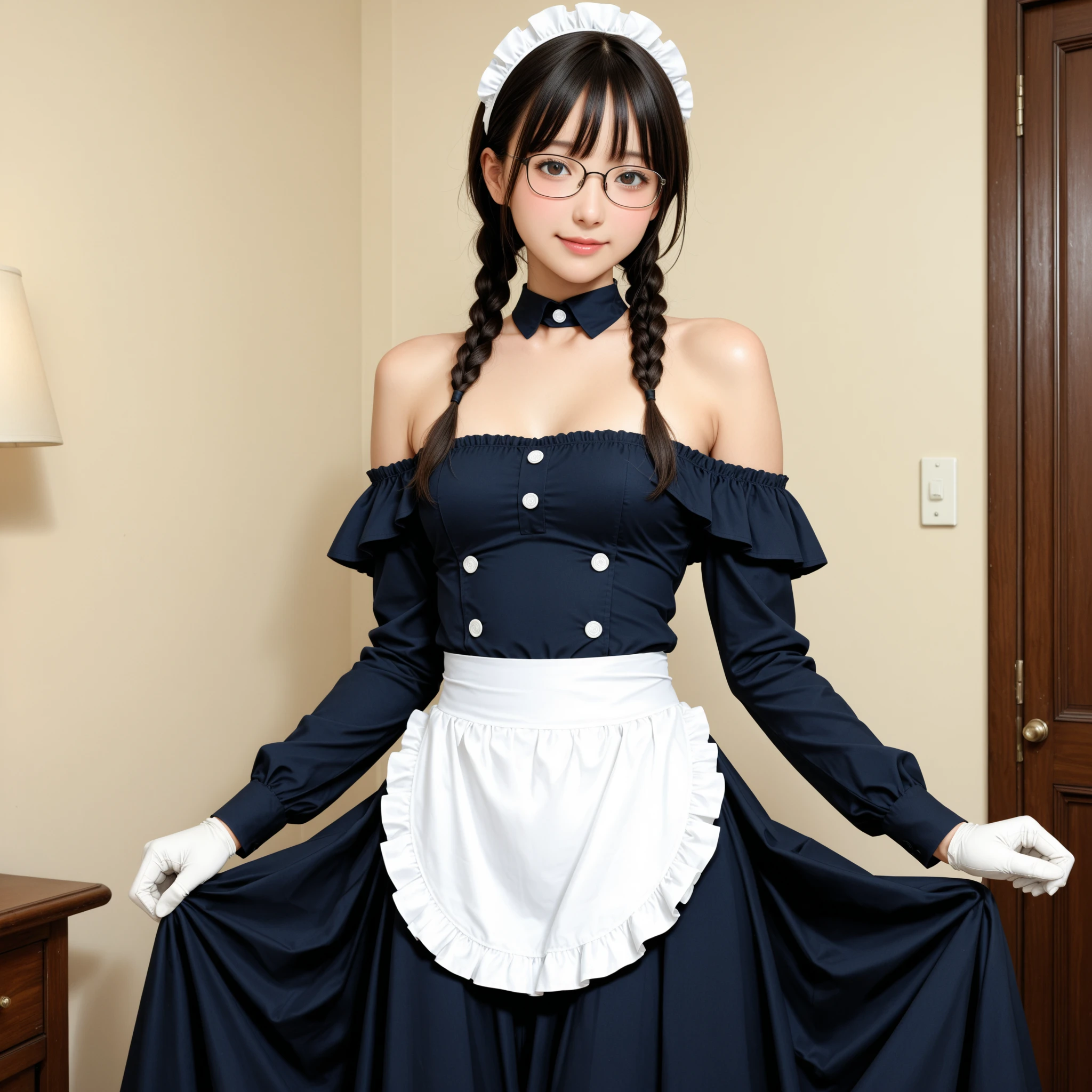 (masterpiece, best quality:1.2), solo, male focus, 1boy, astolfost3, smile, looking at viewer, hair bow, hair ribbon, black dress, buttons, wing collar, black bowtie, long sleeves, juliet sleeves, black gloves, pantyhose