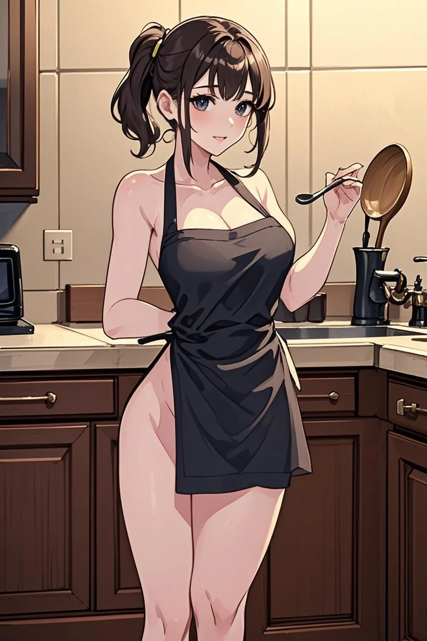{((masterpiece), Upper body only configuration2.0,A MILF, Female around 45 years old,, Black hair,(Realistic,Photorealsiticです,Photorealsitic:1.37) (Plump:1.2), ,(Ruffled apron:1.3、Curly hair、full naked1.4、Shoulder out),legal nudity、(steam,blush:1.3),, full of sweat, , ( kitchen 1.3),(Kitchen interior:1.3)Detailed drawings)}