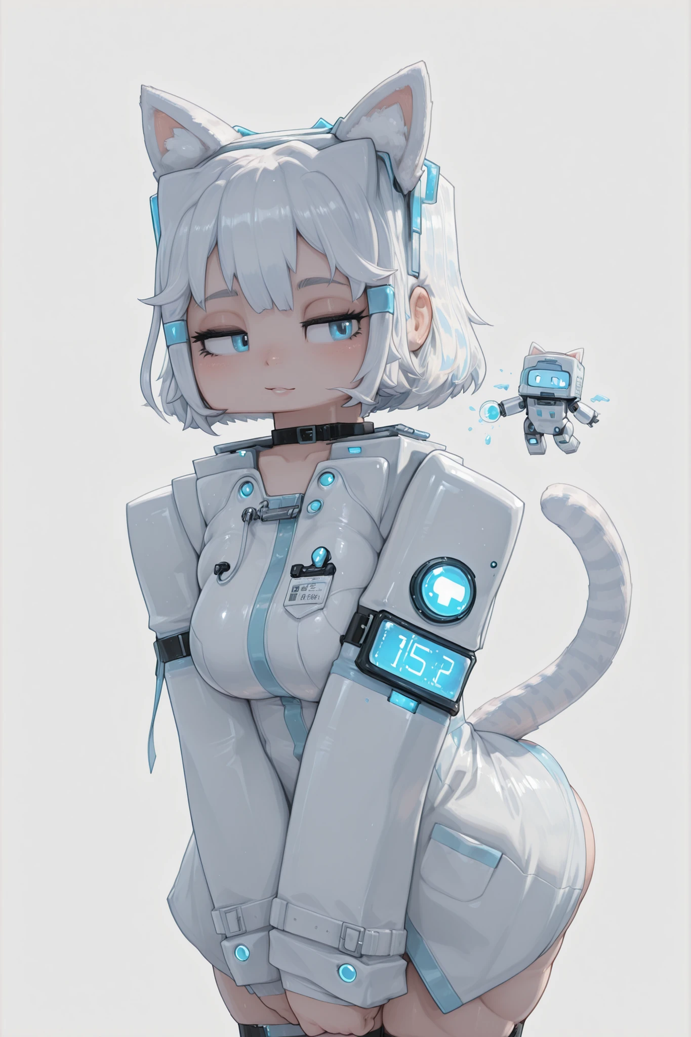 A girl with feline features (cat ears, bright eyes, and a bushy tail), wearing a scientist's lab coat that fits loosely around her lithe body, works in a futuristic laboratory illuminated by blue and white lights. Around her are vials of colored liquids, DNA holograms floating in the air, and a small robot assistant in the shape of a cat. Her gaze is curious and intelligent, as if she is about to make an important discovery. A slight glint in her eyes suggests that she may be part of the experiment she is conducting.