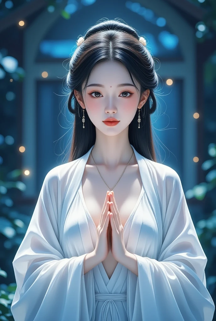 Beautiful young goddess , smiling gently, meditating , half-open eyes, perfect face, standing in the teacher's house, Perfect Balanced Body, Beautiful Brown Eyes, Light pink lips, Well-shaped medium , beautiful cleavage, earrings, necklace, Glossy Beautiful Skin, she's wearing a white dress, Hand poses are natural and cool, stars shining in the blue night sky々, in a wonderful atmosphere, feels like one with the universe, neon lights, Super Detailed, High Details, top quality, 8k, Perfect drawing composition, Open the top of the image slightly, placed in the center of the image area, Detailed illustration art,