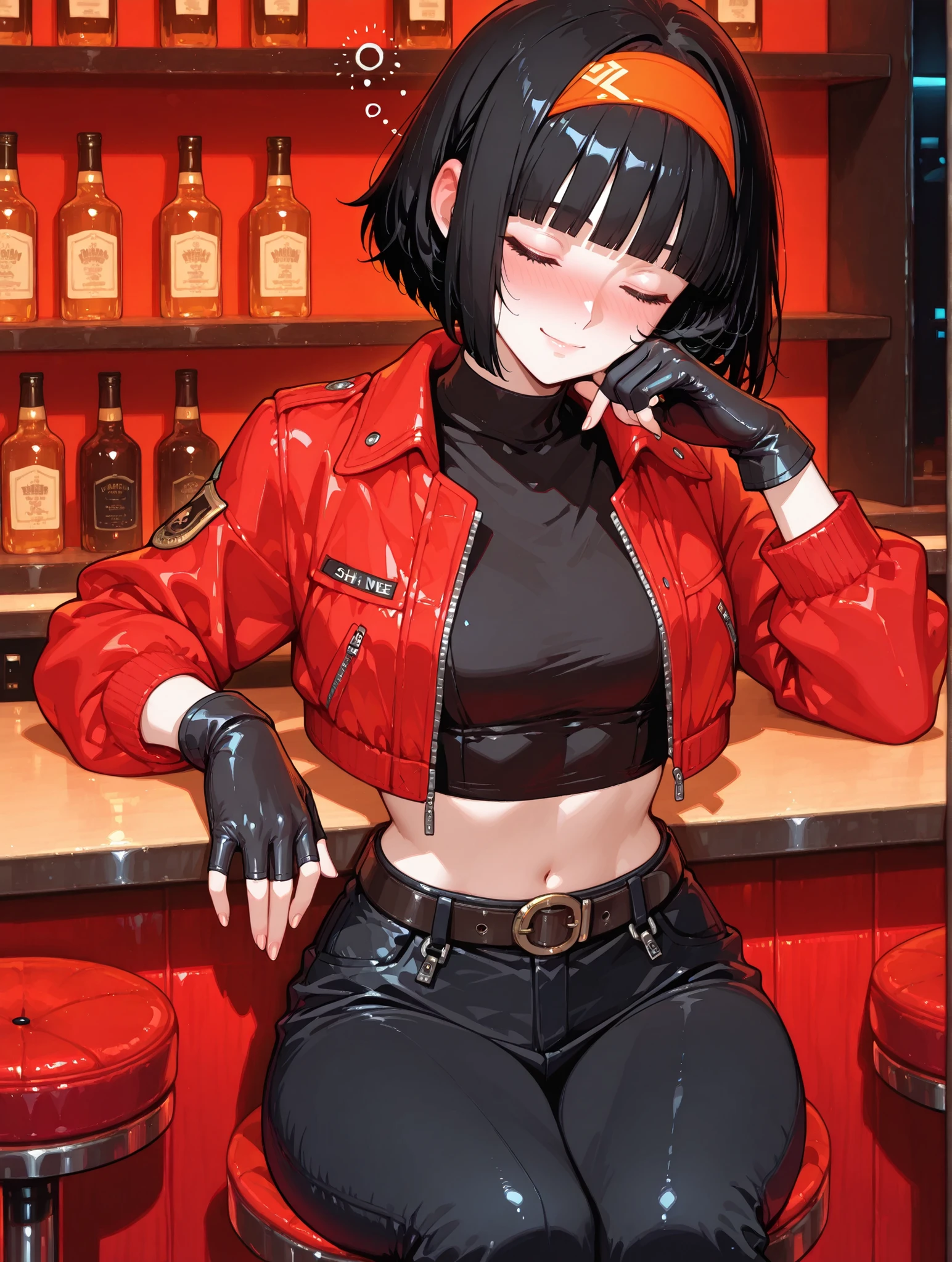 One girl、masterpiece、top quality、32k、masterpiece、full five fingers, short hair, bangs, black hair, gloves, navel, jacket, hairband, open clothes, black gloves, midriff, belt, pants, blunt bangs, black eyes, crop top, black shirt, red jacket, cropped jacket, orange hairband,face up,with a soft smile face ,she is sitting a bar stool,background is the bar,she is drunk,turning red in her face,she is sleeping face down on the counter desk