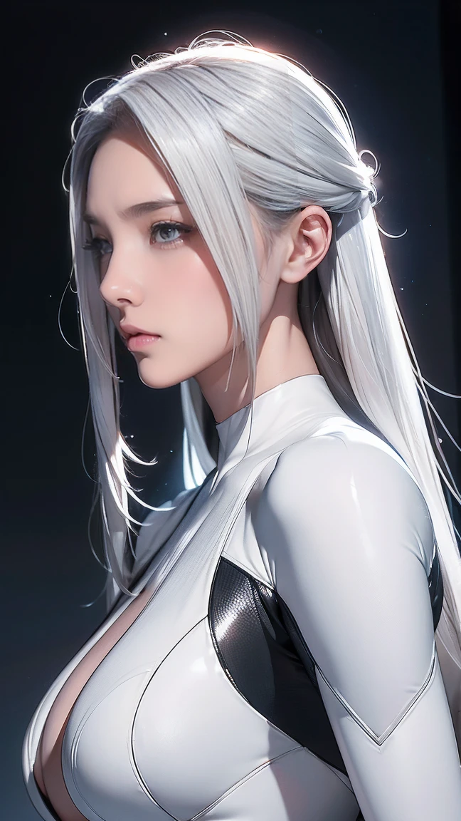 a korean girl, long white hair with bangs, icy blue eyes, pale white skin, wearing a skimpy white ninja suit, video game style, mortal kombat style, detailed face, highly detailed, masterpiece, 8k, hyperrealistic, volumetric lighting, dramatic lighting, cinematic, sharp focus, photorealistic, studio quality, ultra-detailed
