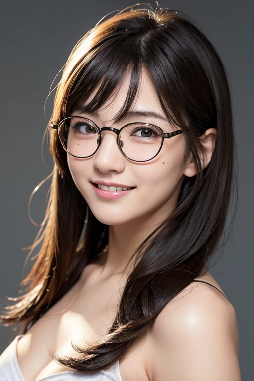 ((japanaese girl)), 8K, Raw photo, Best Quality, ultra-detailliert, Ultra High Resolution, Realistic, photographrealistic, high-definition RAW color photography, professional photograpy, Extremely detailed, 8K Wallpaper, amazing, finely detail, Huge file size, extra detailed face, extremely detailed eye, highlydetailed skin, extremely detailed fingers, highly detailed nose, highly detail mouth, Perfect Anatomy, Highly detailed background, Realistic body, Good figure, blown hair, (wet hair), Cute face, Photography, (Happy smile), Perfect Skin, Perfect Anatomy, Large breasts, (Round glasses), (Off-the-shoulder knit), (Mole), ((atami)), high-angle shot, swept bangs, Full body shot,