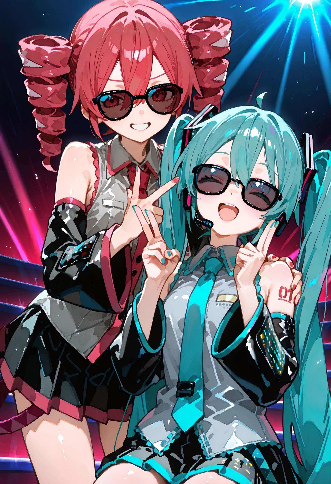 Hatsune Miku,2 girls, twintails, long hair, necktie, Removable Sleeves, gray shirt。Skirts。Stage。(/2 girls。 Teto Kasane (jitsune teto)、Red Twin Drill、necktie, Removable Sleeves, Black Shirt,Skirts)、rap battle。Hostile。Sunglasses。hand sign。2 microphones