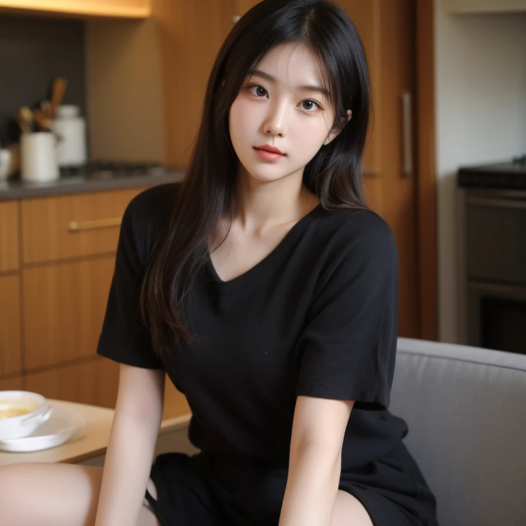 araffe asian woman laying on a bed in a black top, posing in bed, korean girl, good young girl, gorgeous young korean woman, young and cute girl, sitting on the bed, posing in a bedroom, sitting on her bed, laying on a bed, beautiful asian girl, on my bed, gorgeous chinese model, sitting on a bed, Total body, selfie ,  ripresa frontale dall' alto