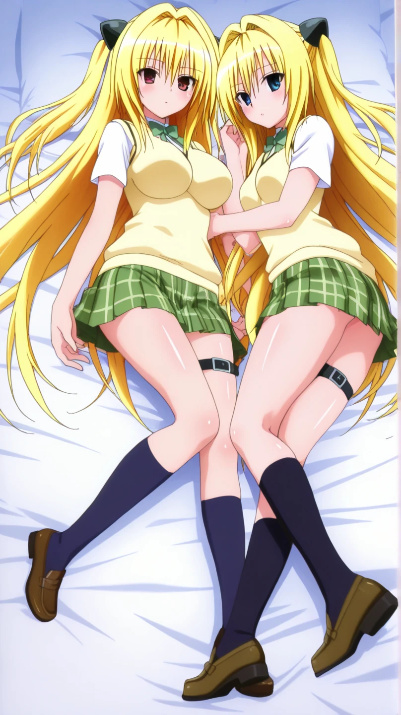 anatomy perfect, idol, waifu, Airi Akisuki solo, sexy, provocative, unbuttoned white shirt, no bra, red skirt,, panties, pink panties, full body, sexy legs, black tights with pink stripes, breast, navel, bed, lying on the white bed, top view,