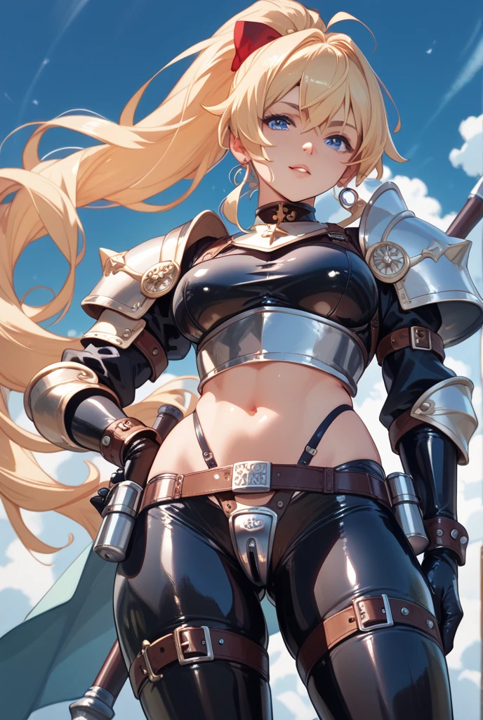 ((best quality)), ((masterpiece)), (detailed), 1girl, 8k_wallpaper, extremely detailed eyes, extremely detailed body, beautiful face, perfect face, detailed ((blonde hair)), (gold eyes), ((large big red and blue horns)), {{dark skin}}, ({dark skinned female}), gigantic breasts, thick thighs, strong arm and leg muscles, strong abdominal muscles, Monster women, Korean women, wearing a modern short black cloth jacket with rolled up sleeves, (wearing heavy gold colored steel cyberpunk armor), a wide red leather belt with blue steel yarn, steel boots, steel thigh guards, a military radio hangs on her belt, a biker girl, she rides on another planet along a lilac field against the backdrop of a blue desert and high red mountains,