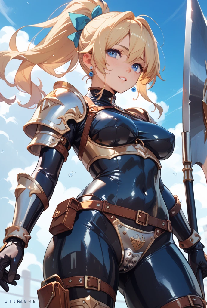 A girl is posing for a photo, cute女の子, Enchanting girl, Anime Girls, 

(Blonde、Wavy Hair、Shaggy Hair、Long Perm), (Red eyes, Slanted Eyes), ((Dark Skin)), break 
(((armor:1.2、Full Armor))、(sword、shield))、

(((highest quality)), ((masterpiece)), (Very detailed), (High resolution), (Beautiful detailed sparkle), (High detail), (Anatomically correct)), ((Realistic)), ((The best CG)), Ultra-detailed art, CG illustration, 16k, 1080P, Oil paints:1.2,   

(((One Girl))), 
(Symmetrical facial features, Perfect Face), Beautiful clavicle, (Beautiful fingers), (Beautiful breasts, (Ｃcup)), 
Beautiful body, Beautiful thighs, Beautiful feet, Perfect round butt, (((Detailed skin, Oily skin, Textured skin, Beautiful Skin))), 

(((Baby Face, cute, 16 years old))), Double eyelids, Long eyelashes, 
(Expression of fine eyes, Beautiful and delicate eyes, Sparkling eyes, Eye Reflexes), 
(Beautiful Nose,Thin Nose), 
(Glossy Lips, Beautiful Lips, thick lips), 

(Beautiful Hair, Shiny Hair, Shiny Hair), Hair fluttering), 

(mouth hold),  
BREAK 

(noon、(Fantasy World、castle town)), ((Walking、Cowboy Shot))
