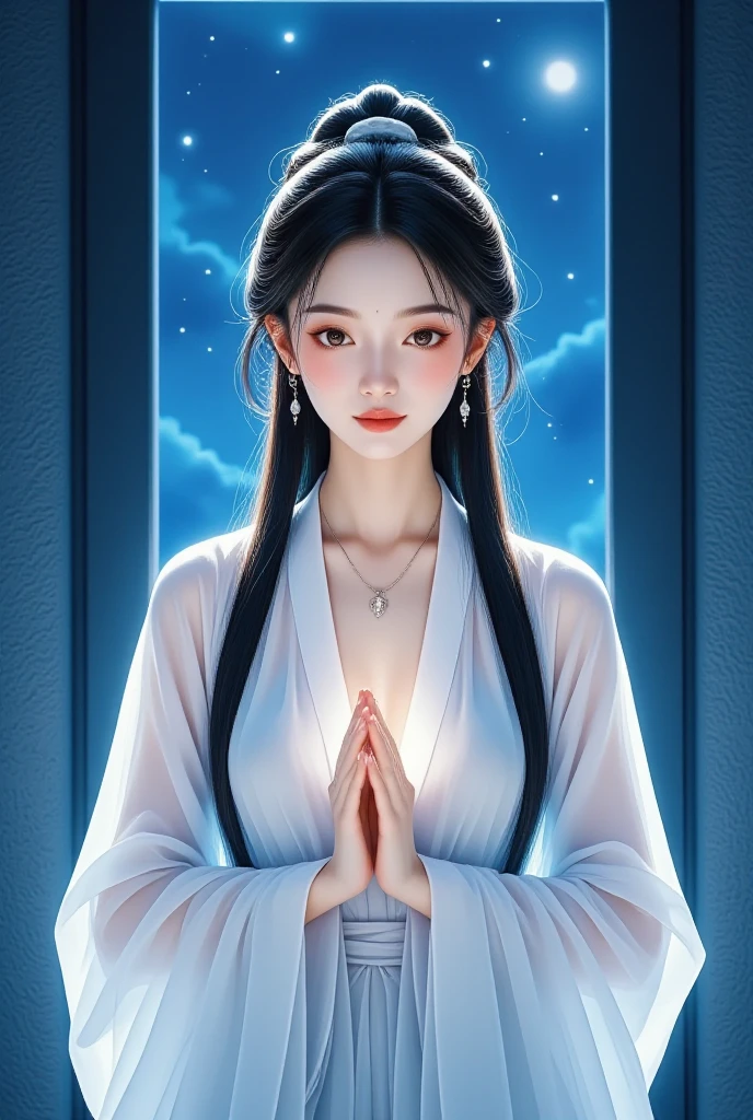 Beautiful young goddess , smiling gently,  meditating , half-open eyes, perfect face, standing in the teacher's house, Perfect Balanced Body, Beautiful Brown Eyes, Light pink lips, Well-shaped medium , beautiful cleavage, earrings, necklace, Glossy Beautiful Skin,  she's wearing a white dress, Hand poses are natural and cool,  stars shining in the blue night sky々, in a wonderful atmosphere, feels like one with the universe, neon lights, Super Detailed, High Details, top quality, 8k, Perfect drawing composition, Open the top of the image slightly, placed in the center of the image area, Detailed illustration art,