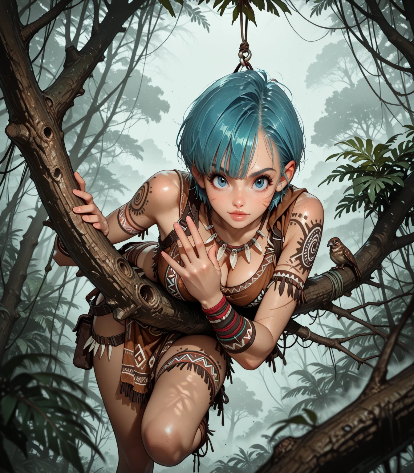 (goblin girl), dark green skin, red hair, very short haircut, Sex slaves, full body art, dark goblin girl chained, arms raised, goblin in shackles, green girl squatting, kneeling, knees on the ground, dark bikini, camel toe, small breasts, flat breasts, girl chained in a dungeon, dark and dirty dungeon, stone walls, chains, witch with shackles, dark and humid environment, open knees, Ahegao, O-face, saliva and sweat, raised arms chained to walls