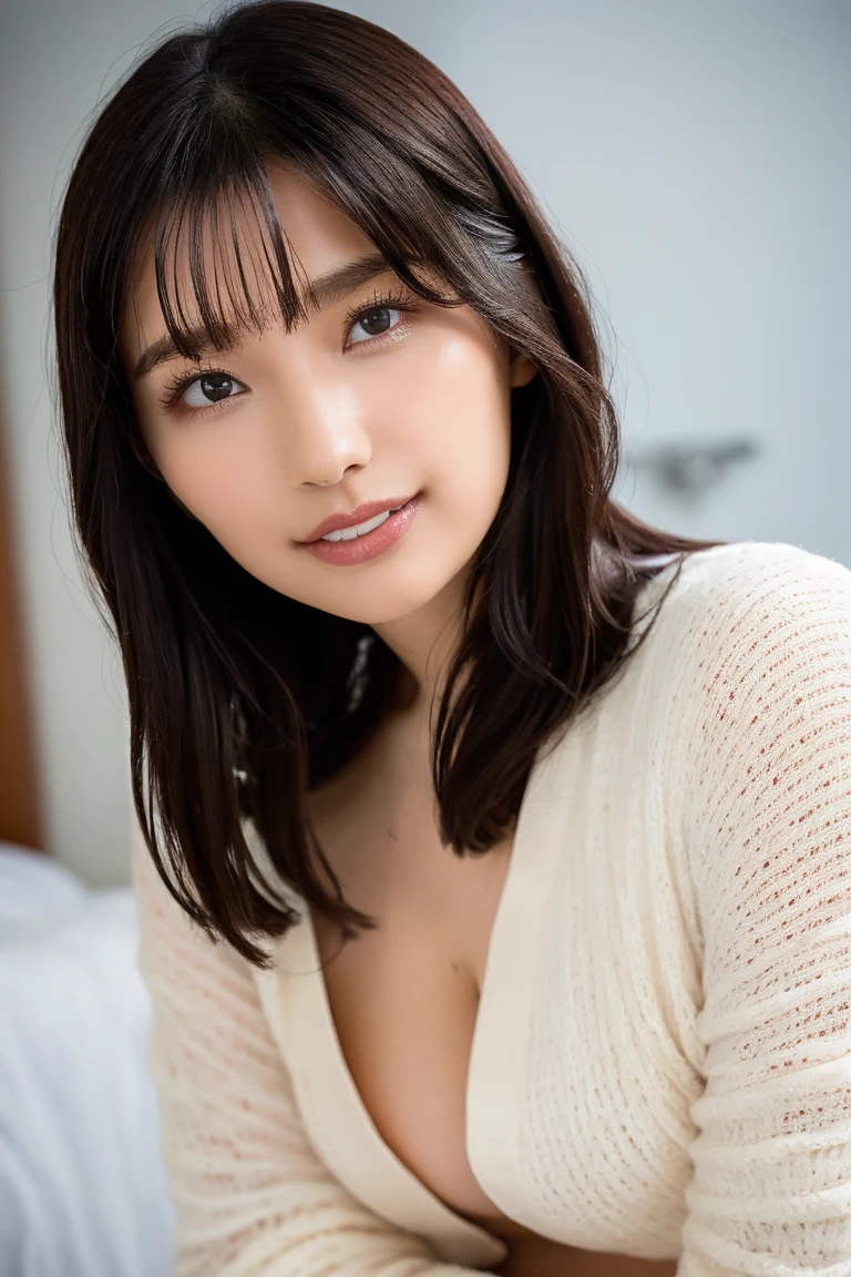 You are a professional gravure photographer.。future、Beautiful Eyes、 ((highest quality)), Clear contours, Woman with beautiful face, (((One Girl,alone))), ((Beautiful Eyes)), Sex Appeal,Albedo and Specular Maps、Accurate simulation of lightweight material interactions、Thigh shot、Three-dimensional background、Bob Hair、Fully open shirt