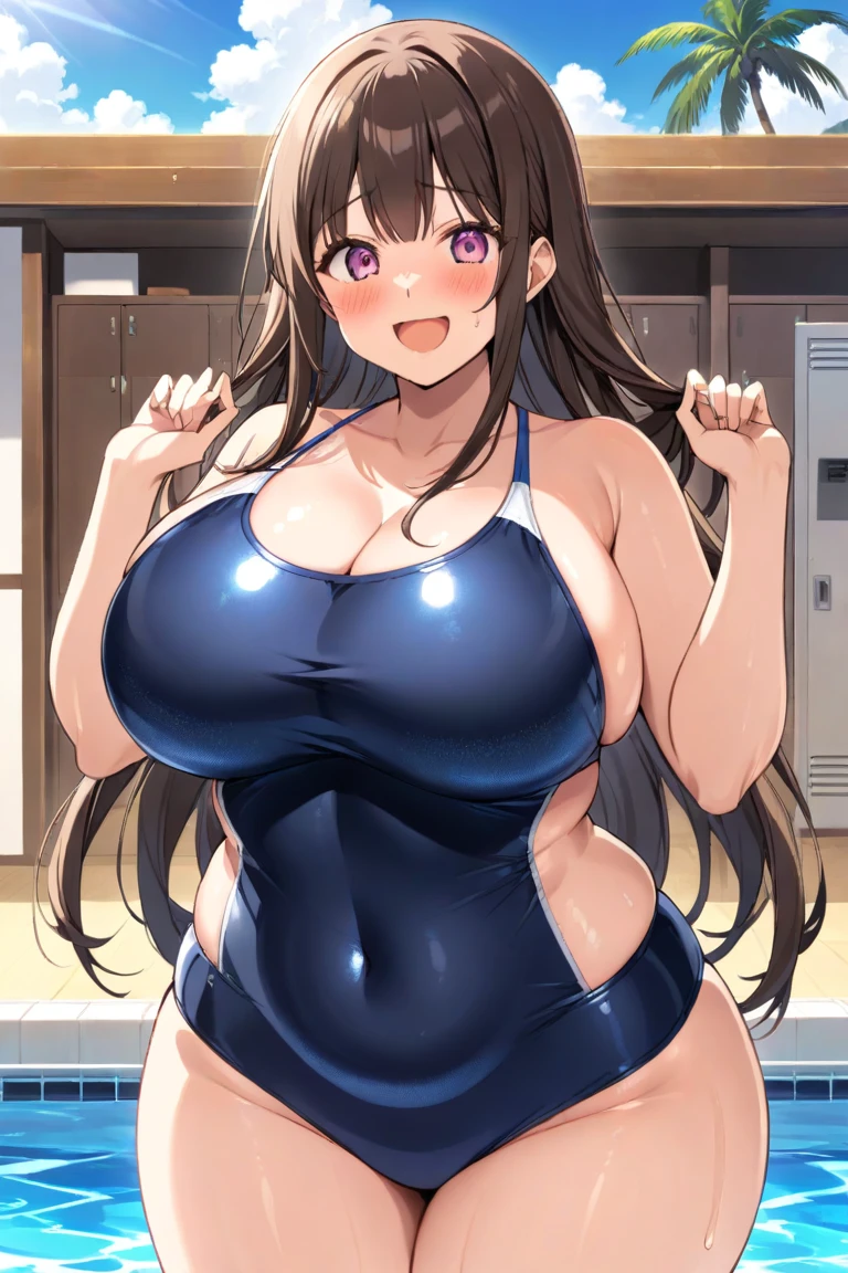1990s anime cels style, 1990s manga style, best quality, high resolution, locker room, 1girl, blue competition swimsuit, (gigantic breasts:1.4), Beautiful face, happy, smile, closed mouth, mamako_oosuki, mature female, long hair, brown hair, purple eyes, bright pupils, ribbon, from front, looking at viewer,curvy body,