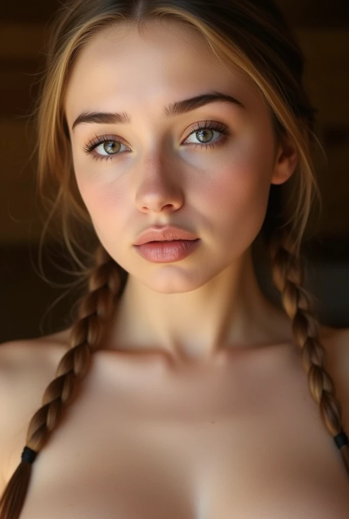 (Masterpiece, Best Quality, Highres:1.2), RAW photo, photorealistic, natural light, epiC Realism, Georgy, a stunning beauty, sits elegantly with artistic precision, her pale white skin glowing in the warm, bright soft diffused light. Her eyes, reminiscent of Raphael's masterpieces, sparkle with an inner radiance. Every detail of her skin is intricately rendered: Skin pores, skin wrinkles, healthy skin, skin bristles and chills all visible , cinematic lighting. Her thighs are toned and healthy, with a subtle sheen to her skin. Her lips shine with a soft, pink gloss, professionally color-graded for maximum impact. The framing of the shot captures Georgy's natural proportions, adhering to the Golden Ratio, creating an air of serenity and beauty.score_9, score_8_up, score_7_up, score_7, score_6_up, solo, 1girl, pretty 20 year old woman, braid, big green eyes, looking to the side, natural breasts, photo, detailed, sharp focus, innocent, flirtatious, seductive, (show breast thru the wear), skinny girl with perfect body and tan skin, cute, pleasant, seductive, freckles, 85 mm, dark room, sunburst, standing, side boob, raw, realistic, Loose tank top, thong, messy basement, dimly lit room nighttime, sunset, god rays, side view, d3t41l3d
