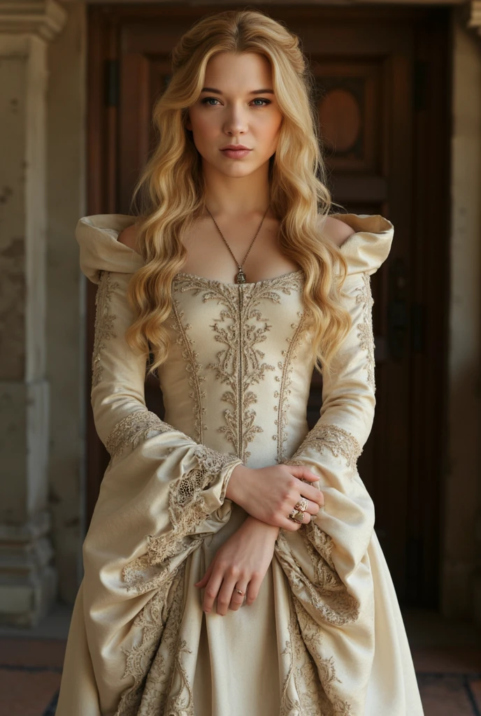 RAW photo, subject, 8k uhd, dslr, high quality, film grain, Fujifilm XT3, professional photo, (detailed skin:1.3), high quality, beautiful women, portrait, <lora:Game_of_Thrones_-_Fashion:0.75> , game of thrones fashion, game of thrones dress, golden dress, outside, patterned fabric, blue eyes, sitting, metal details,