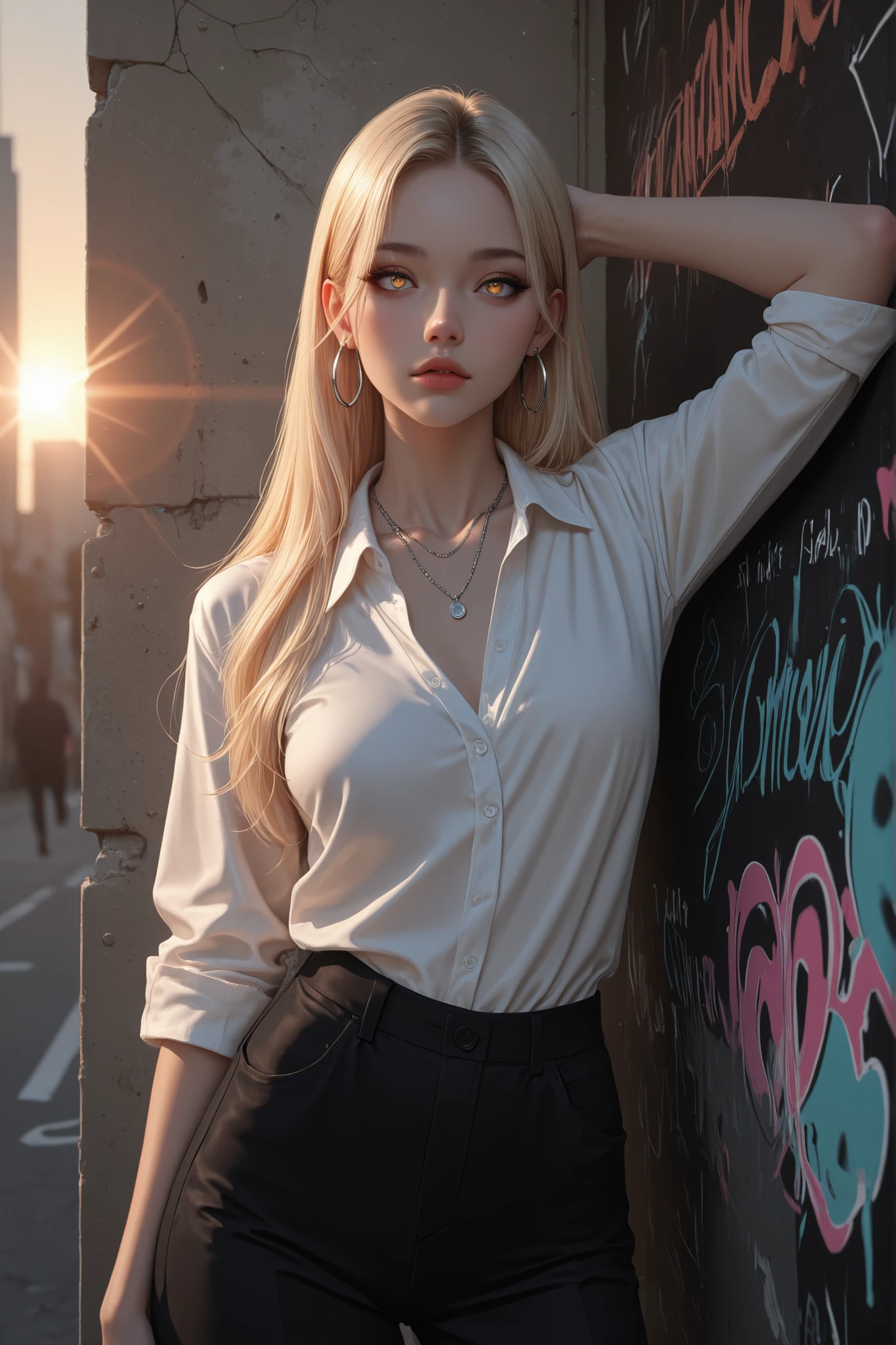 (masterpiece, ultra realistic, 8K RAW, cinematic lighting, iconic character design, movie poster aesthetic, album cover composition), stunning and powerful Caucasian woman with long blonde hair, no bangs, styled in a sleek, slightly wavy or windswept look — flowing naturally and confidently

her face is elegant and striking: oval-shaped with a soft jawline, slim lips, sharp almond-shaped eyes, fair matte skin with soft highlights. Minimal makeup emphasizing natural beauty — subtle foundation, gentle contouring, soft eyeliner, nude matte lips. Her expression is fierce, elegant, and self-assured — the kind of beauty admired by East Asian standards

she is wearing an oversized black button-up shirt only (no t-shirt underneath), deep matte black with unique detailing — slightly distressed texture or subtle embossed patterns, rolled sleeves, open collar. The shirt flows naturally and adds visual weight. One side is tucked slightly into high-waisted black pants (optional detail), giving a confident asymmetrical edge. Urban, gender-neutral, and unmistakably iconic

accessories: small silver hoop earrings, a minimal chain necklace or thumb ring — enough to catch light and add urban polish

lighting is cinematic — dramatic contrast between warm golden-hour side light and soft cool back shadows. Subtle lens flare and a faint mist or dust in the air. Background is a neutral-toned urban setting — concrete wall with texture, slight smoke haze, possibly graffiti details or cracked surfaces that add mood and story

camera angle: medium close-up (waist-up), slightly above eye level. Her pose: standing tall, one arm relaxed by her side, the other hand lightly grabbing the edge of the shirt collar or adjusting it — a gesture of casual dominance. Her gaze meets the camera directly — radiating timeless confidence, mystery, and undeniable presence. A visual that looks straight out of a modern cinematic rap album cover.
