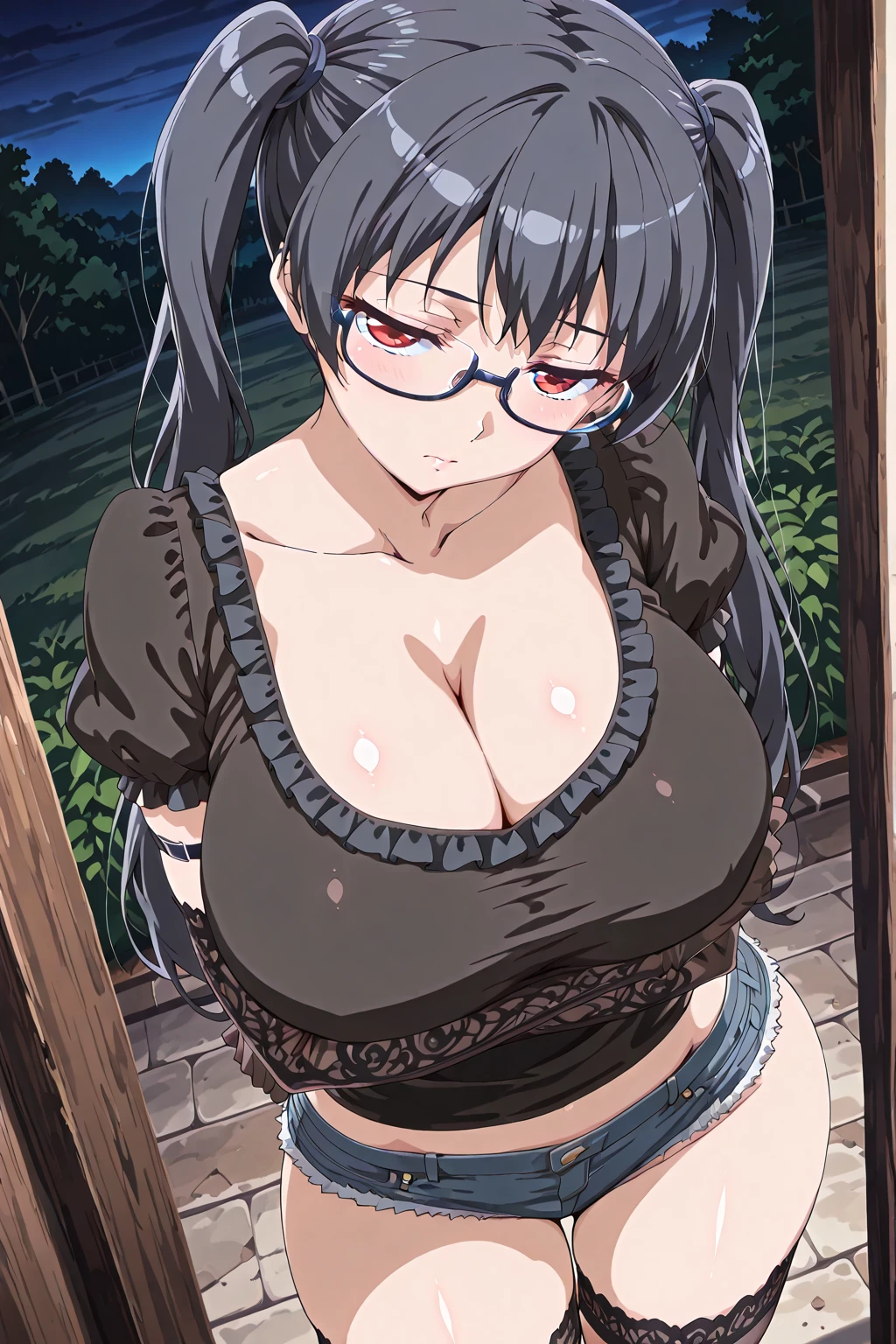 (Very large breasts,Cleavage:1.9),Anna Yamada,gigantic breasts,smile、(naked:1.5)、(Are standing)、(In the back alley)、blue sky、(Wearing an animal collar:1.5)、Earrings、Earrings、bracelet,(Delicate facial features:1.5)、(masterpiece, Highest quality, High resolution, Super detailed, 8K, 4K),(Put your hands behind your head:1.5),ponytail,ヘソEarrings,(Beautiful Face:1.5),Wearing glasses、Sweat,navel piercing,(nsfw:1.5)、(Steam is coming out of the body:1.5)、shaved pussy、Your body is wet,Spread Armpit、There is cleavage in the chest、Absurd、Highest quality、Open your mouth, (Volupture:1.5),Upper body close-up、looks happy
