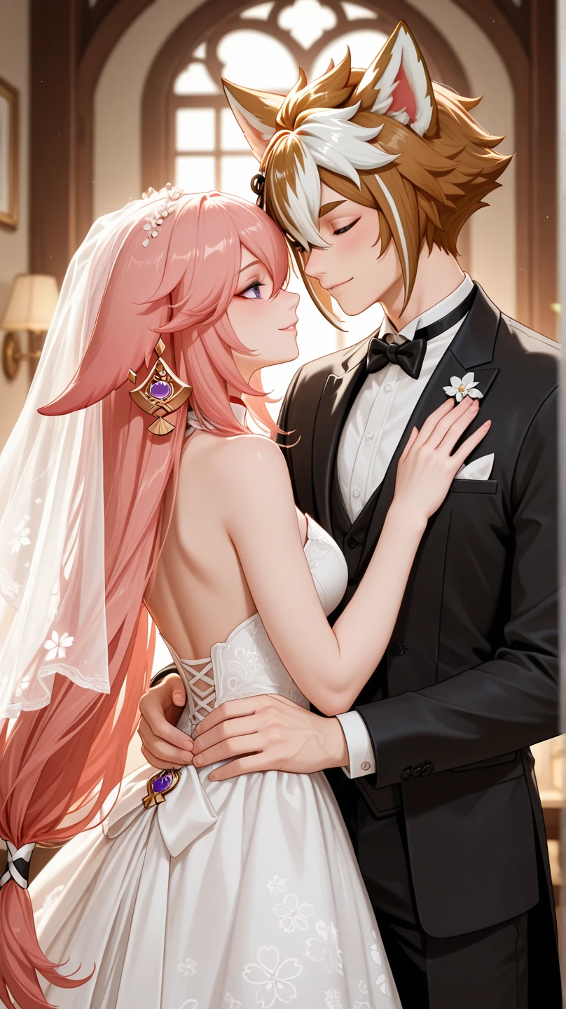 ((Highest quality)), ((masterpiece)), (detailed), （Perfect Face）、The woman is embracing and kissing a handsome man with long blonde hair wearing a white tuxedo.、The woman is Lacus Clyne, the Queen of Accord and wife of Orpheus, King of Accord. She is wearing a vintage wedding dress and wedding veil with gorgeous gold embroidery and trim, an engagement ring, beautifully decorated accessories, and a gorgeous hair ornament. She has medium-long pink hair.、Beloved wife of Orpheus, King of Accord