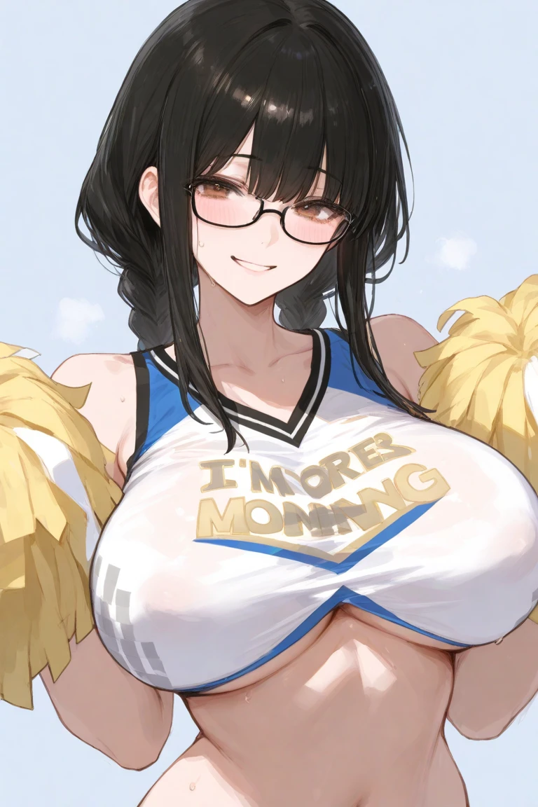 masterpiece,ultra detailed,ecchi manga,35 years old,(mature modest woman:1.2),armpit hair,hairy pussy,yellow naughty cheerleading costume,logo vest,glasses,(creampie),at modern bedroom,bukkake,,(adult plump body),black hair,long tied hair,(tareme),mature curvy woman,trembling,(sweaty),saliva,having sex,cowgirl position,raising knees,look at viewer,blushed,shouting speech bubble, orgasm,