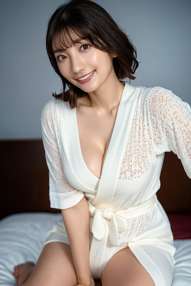 Tabletop, RAW Photos, highest quality, Photorealistic, Highly detailed CG Unity 8k wallpaper, Depth of written boundary, Cinematic Light, Very beautiful face, Beautiful Lips, Beautiful Eyes, Exquisitely detailed face, ((Highly detailed skin)), (One woman), (35 year old sensual woman), (Slim figure), (((Look at the viewers))), (Big smile), Sitting in the bedroom, (Black Silk Lace), (Bust in good shape), Cleavage