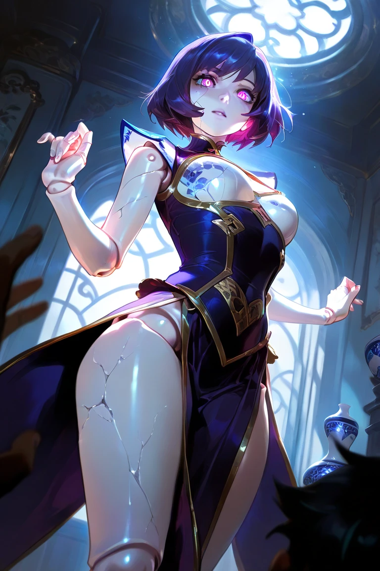 (masterpiece, best quality, high quality, highres:1.4), detailed, extremely detailed, ambient soft lighting, 4K, 1girl, (mature female, milf:1.2), (short hair, black hair, hair over one eye:1.3), (purple eyes, confident smirk:1.2), small breasts, (edgmousquetaire, costume, gloves, cape, boots, pirate, space pirate, matching boots, matching gloves, large hat, purple hat, feather on hat, wearing edgmousquetaire, leotard, purple leotard), hand on hips, confident pose, outer space backdrop, bare legs, (power, aura, purple aura),