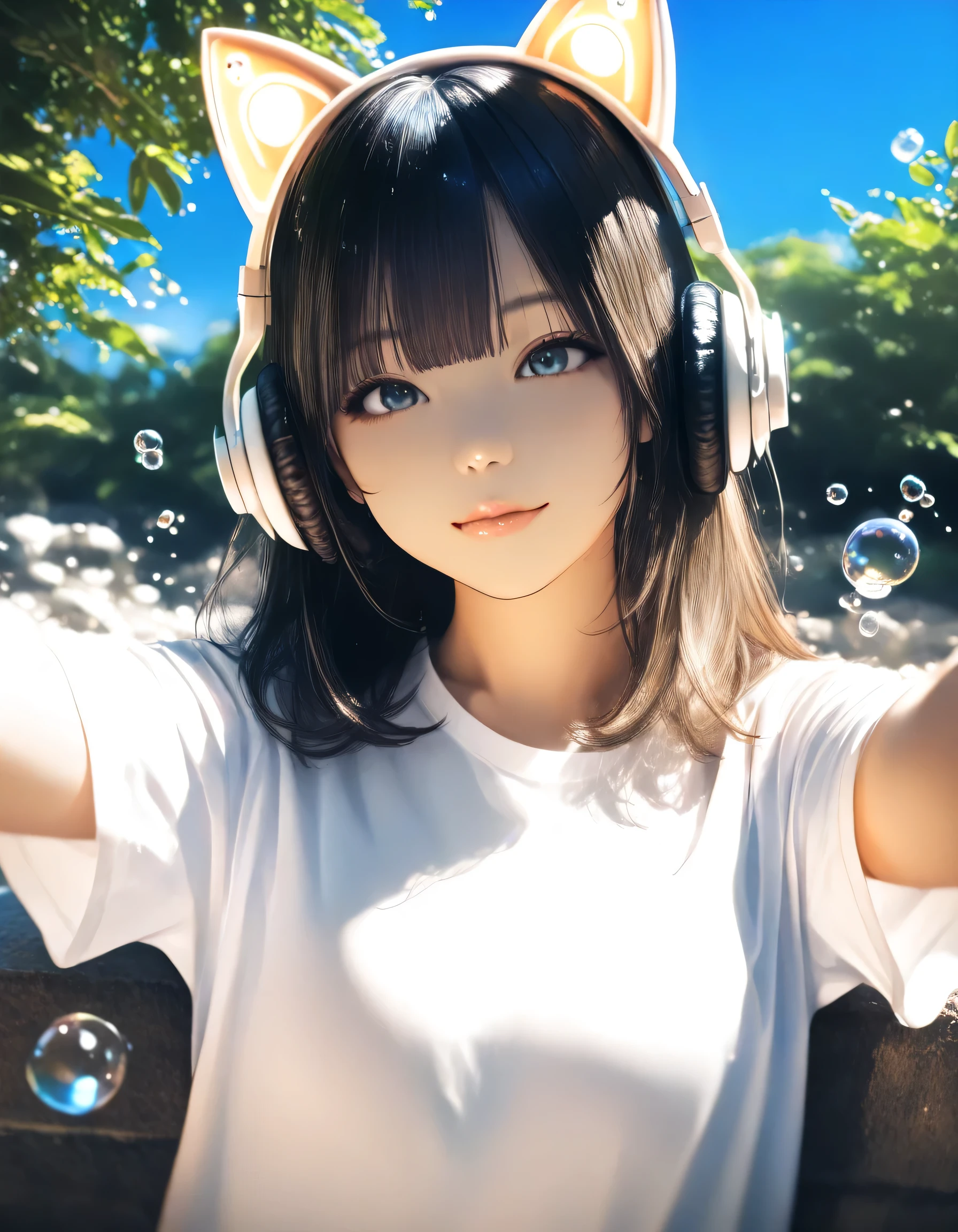 1girl, year 2019, upper body, early summer, bubbles, blue sky, T-shirt, cat ear headphone, masterpiece, high score, great score, absurdres, 16k, Ultra detailed, (photorealistic : 0.5)