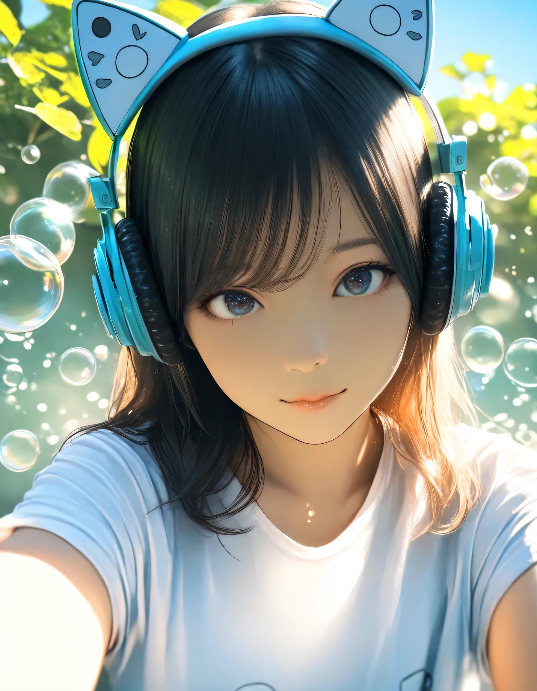 1girl, year 2019, upper body, early summer, bubbles, blue sky, T-shirt, cat ear headphone, masterpiece, high score, great score, absurdres, 16k, Ultra detailed, (photorealistic : 0.5)