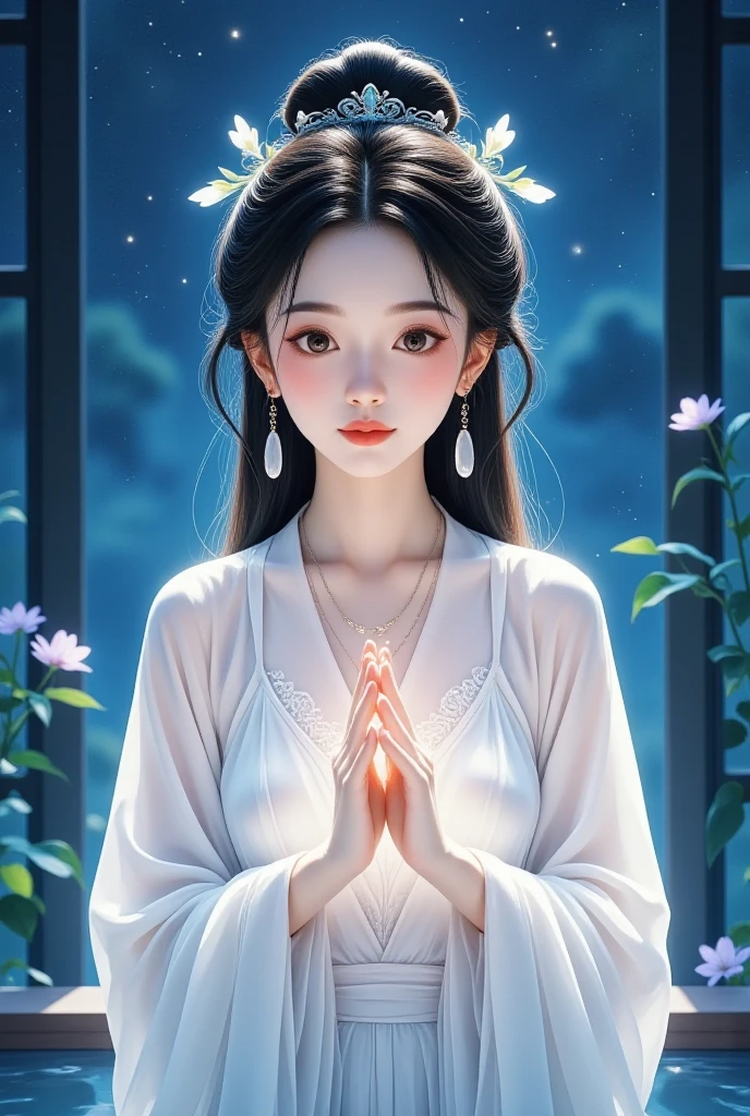 Beautiful young goddess , smiling gently, meditating , half-open eyes, perfect face, standing in the teacher's house, Perfect Balanced Body, Beautiful Brown Eyes, Light pink lips, Well-shaped medium , beautiful cleavage, earrings, necklace, Glossy Beautiful Skin, she's wearing a white dress, Hand poses are natural and cool, stars shining in the blue night sky々, in a wonderful atmosphere, feels like one with the universe, neon lights, Super Detailed, High Details, top quality, 8k, Perfect drawing composition, Open the top of the image slightly, placed in the center of the image area, Detailed illustration art,