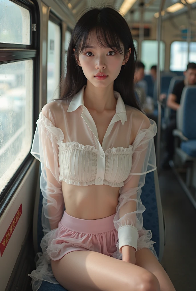 NSFW,4K,((Highest quality)),((masterpiece)),BREAK,((one girl)),(detailed),(in train interior),((One girl)),((perfect anatomy)),nsfw,((nude)),(naked),((12 years old)),((flat chest:1.5)),(stare at viewer with stern eyes:1.5),((one girl)),(bitting own lip:1.1),(angry:0.9),nose blush,(shamefull:1.2),(hime_cut hair),(beautiful hair),surprised, ((beautiful realistic face)),((skinny:1.3)),Beautiful Korean Women, Beautiful young Korean woman, Young and adorable Korean face, Gorgeous Young Korean Woman, Korean Girls, Girl cute beautiful face, Portraits of Korean female idols, Young and pretty Asian face, Cute natural anime face,Asian pretty face,((finely detailed face)),((glistening eyes)),((glistening eyes )),((large eyes)),(( pretty eyes)),((A bow tie)),(detailed),Perfect Face,((One girl)), ((clear eyes)),((show nipples)),((beautiful skin)),don't wear anything ,(upper body),(Equal left and right eyes), (nsfw:1.5),(show nipples),(don't wear anything),(nipples facing upwards), correct arm, (frilled panties),((school uniform, short sleeve )),(school skirt)
