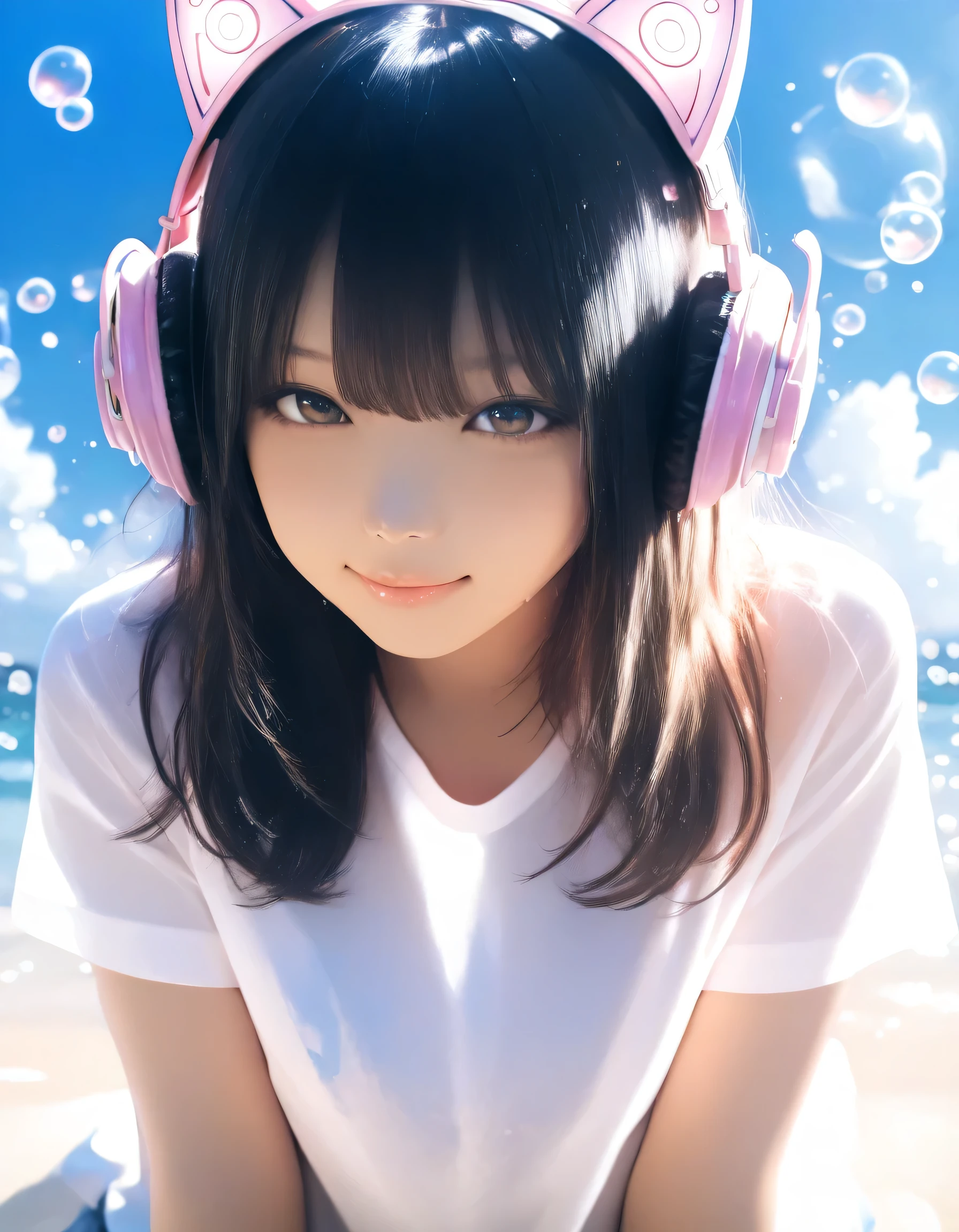 1girl, year 2019, upper body, early summer, bubbles, blue sky, T-shirt, cat ear headphone, masterpiece, high score, great score, absurdres, 16k, Ultra detailed, (photorealistic : 0.5)