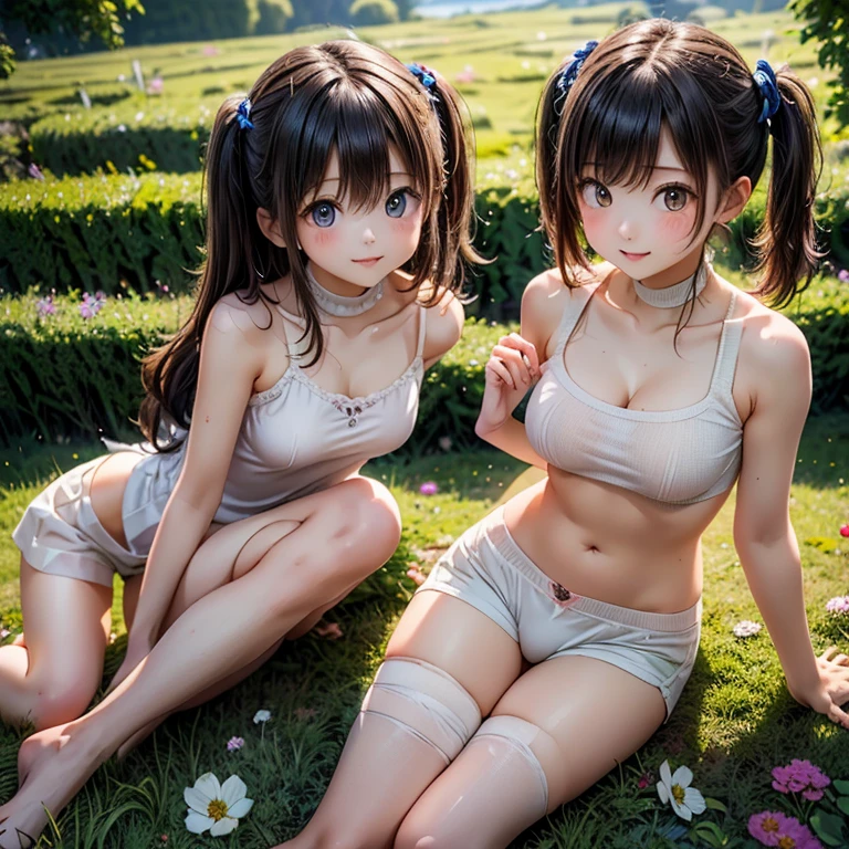 (masterpiece, best quality:1.4), (8K), Young blonde beauty, (((2 short girls in love, 18 years old, neat girl))), detailed blue eyes, long eyelashes, blush, kind smile, horny, upper body, short top, small ass, slender thin legs, vagina, pink skirt, ((looking at viewer)), beautiful blonde hair, white-skinned, (bangs:1.3), pigtails, groping, ((open legs)), (medium size breasts), (mushroom forest, colorful celestial forest, beautiful and magnificent pink sunshine, majestic sky), natural light, pastel colors