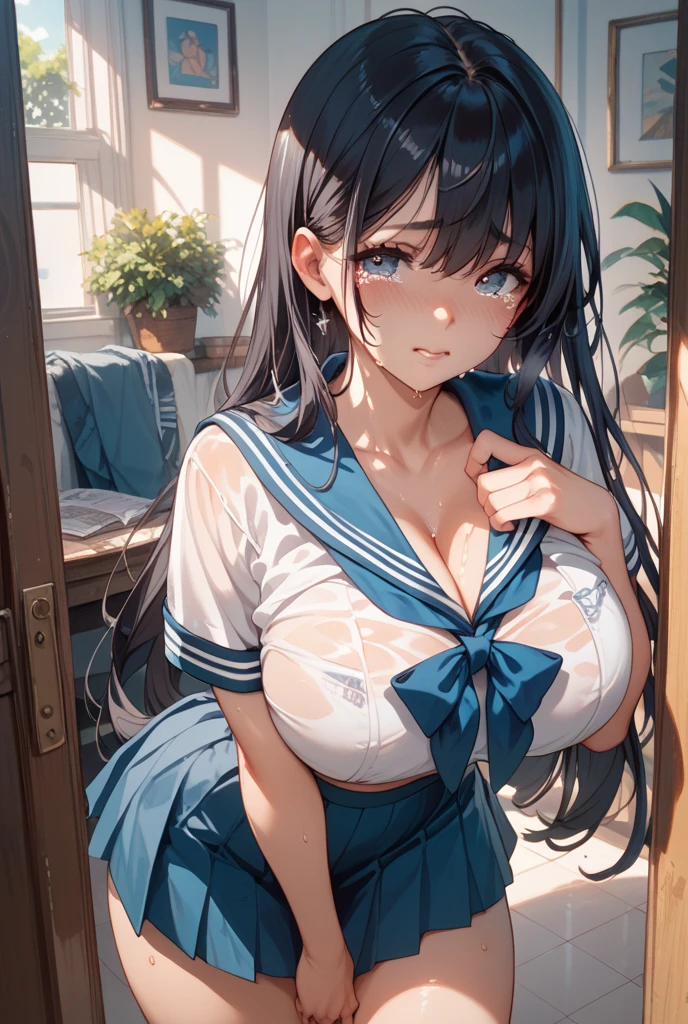 (((NSFW))), ((best quality)), ((masterpiece)), ((detailed)), (((perfect face))), (((slender 18yo teenage girl))), ((((medium breasts)))), ((((topless)))), ((((dark blue pleated skirt)))), ((dark brown hair)), ((short ponytail)), (((blue eyes))), ((shy:1.3)), ((blushing:1.5)), (((bare chest))), ((bare stomach)), ((bare shoulders)), (((bare arms))), ((((lounge room, windows)))), (((walking))), (((shy arms))), (((looking at viewer))), (((open front door))), ((((detailed background))))
