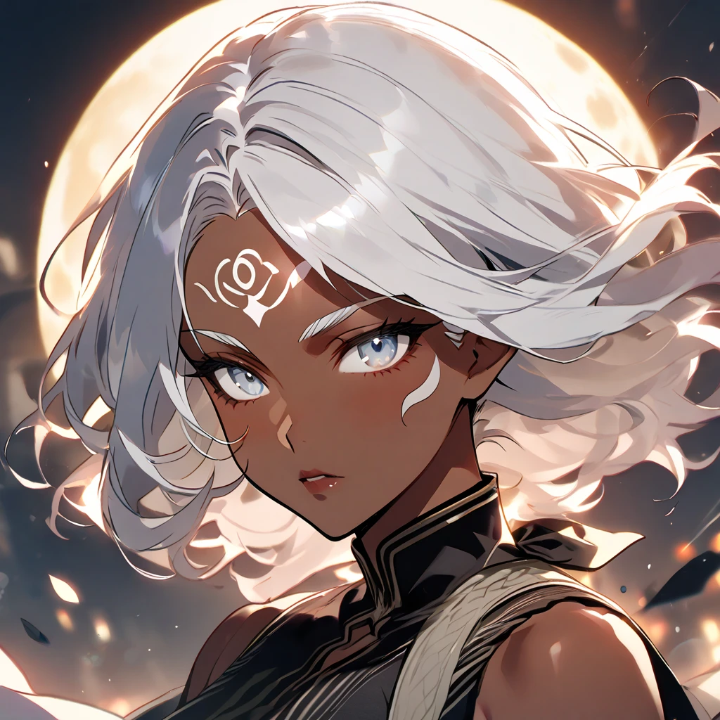 (masterpiece:1.1), (highest quality:1.1), (HDR:1.0), anime wallpaper of a (sensible:1.18) girl, (best colors), (black futuristic metal clothing:0.9), (1girl), (kimono:1.1), (tan skin), (portrait:0.9), (from side), looking at viewer, solo, facing viewer, yellow, (detailed background), (abstract background), (abs:0.8), white eyes, white hair, short hair, headdress, official art, high detail, (promotional:0.9), black, reflective, armlet, (asian aesthetic:1.2), backlighting, (ceative:1.3)