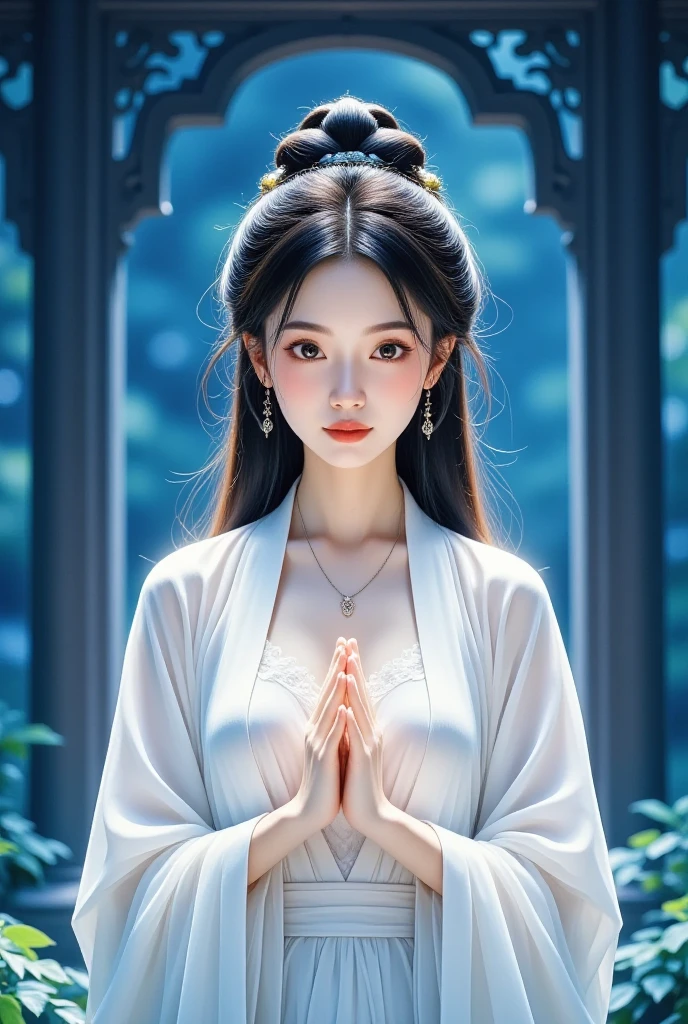 Beautiful young goddess , smiling gently, meditating , half-open eyes, perfect face, standing in the teacher's house, Perfect Balanced Body, Beautiful Brown Eyes, Light pink lips, Well-shaped medium , beautiful cleavage, earrings, necklace, Glossy Beautiful Skin, she's wearing a white dress, Hand poses are natural and cool, stars shining in the blue night sky々, in a wonderful atmosphere, feels like one with the universe, neon lights, Super Detailed, High Details, top quality, 8k, Perfect drawing composition, Open the top of the image slightly, placed in the center of the image area, Detailed illustration art,