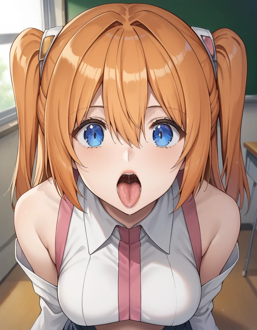 ((masterpiece,best quality)), high resolution, ultra detailed,8k,16k,detailed background, perfect lighting,detailed beautiful eyes, 1girl,solo,embarrassed,blush,steam, heavy breathing,look at viewer,saliva,(naughty smile:1.2),(open mouth,oral,spread mouth:1.1),drivel,(close up face,from above:1.2),from front, (pov:1.2),be breathless,show mouth,sweat,fisheye lens,stick tongue out,fair skin,flat chest,(short body,ars old,short legs and arms,slender,short stature:1.3),over size head,classroom,(mayano topgun,orange horse ear,orange long hair,two side up,brown eyes,black ribbon:1.3),pale color