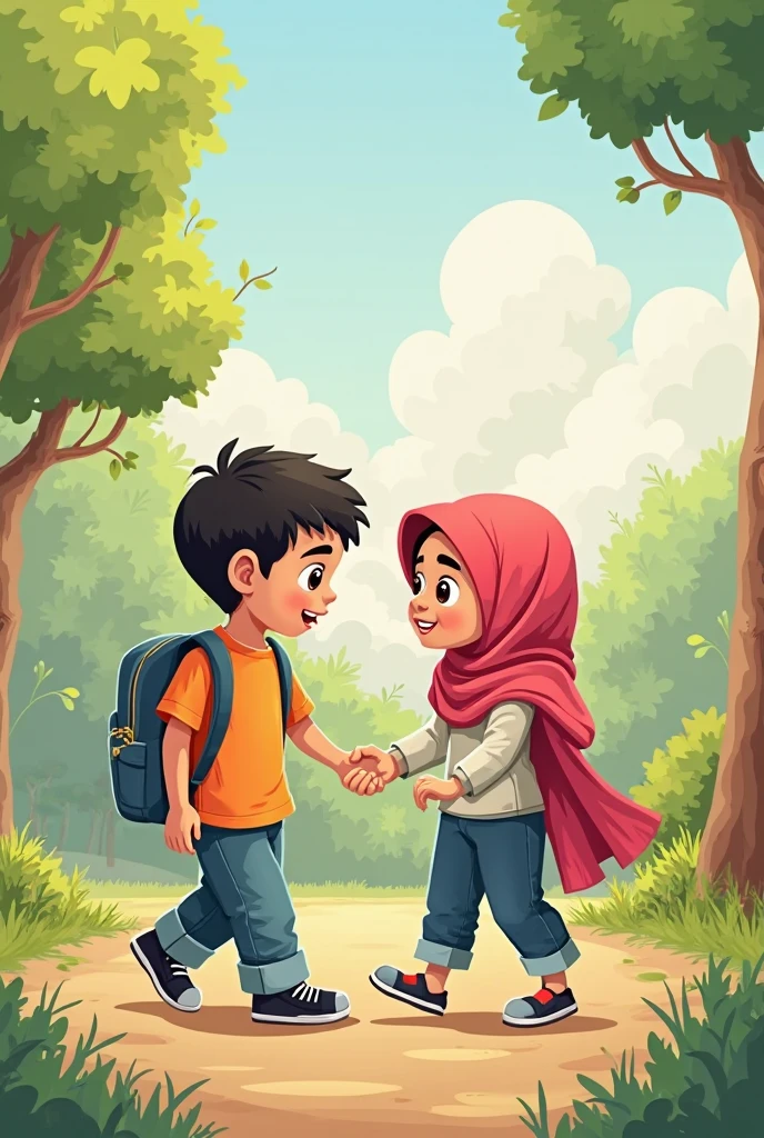 The situation in a city park, there is a Muslim boy wearing a cap and a girl wearing a hijab looking for rare plants using a magnifying glass.