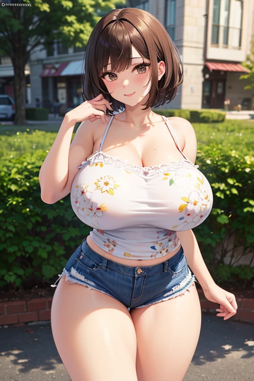 8k quality,hdr,ultra hd,sunlight,full body,Solo girl, sexy girl,girl in denim shorts and white plain skirt, black hair, ponytail hair, medium hair,cute face, crazy smile face, pink eyes,big breast, extra large nipples, big ass, cute pussy,white stockings,outline thick,without dress, sexy figure, pink lips,View your viewers, on home