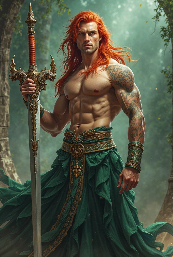 A half-snake demi-human, he has to be more human with a hint of snake, he also has to have long red hair, he will have some gold accessories on his body. 