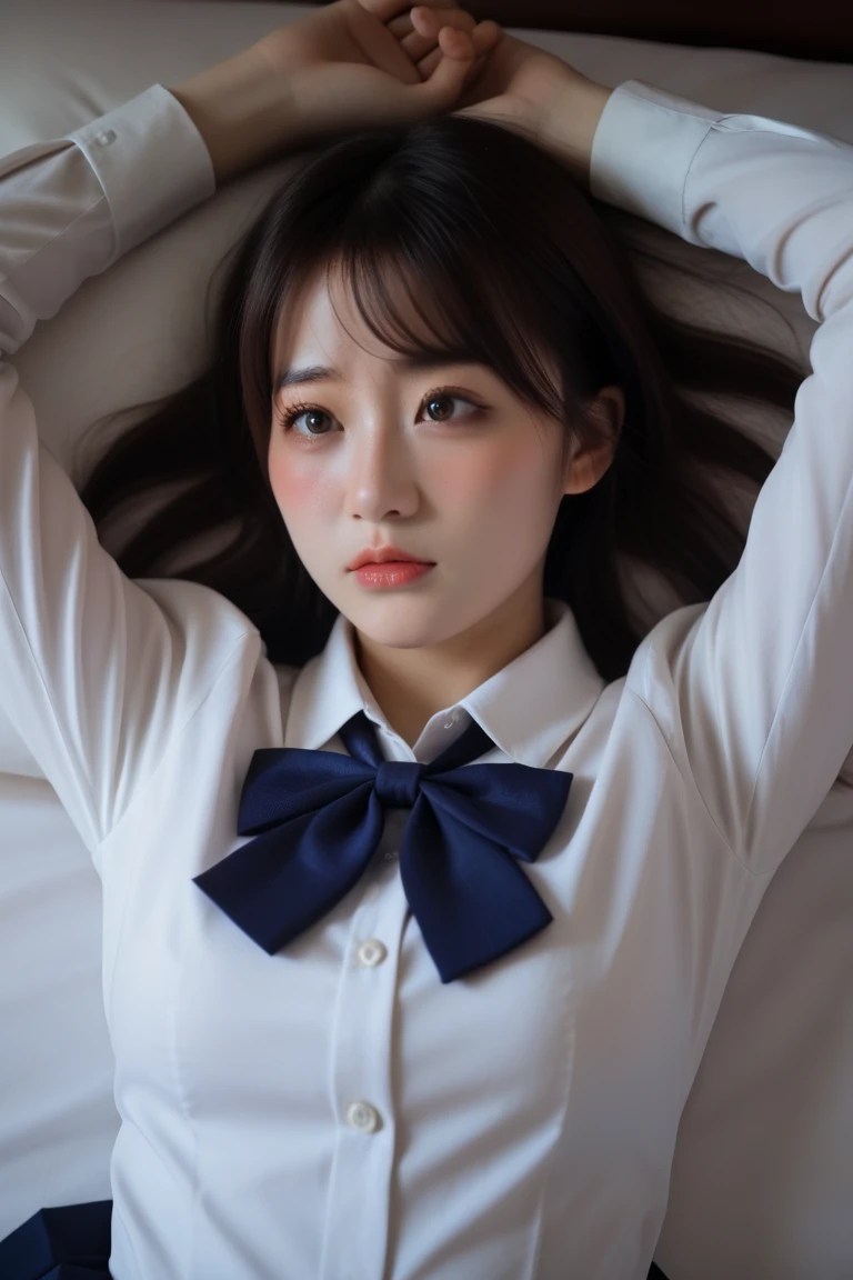 (masterpiece:1.2), Japanese, (18 years old), (a girl), hair bun, slender body, ((school uniform)), collared shirt, (closed eyes), (opened mouth wide), (lying on her back to a bed), bow tie,