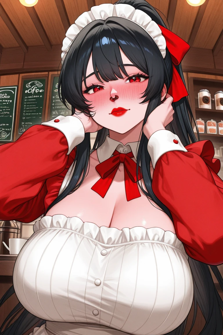 high quality, masterpiece, super detailed, 1 girl, And clearly visible, alone, Red lace latex maid outfit,maid crown,BDSM,handcuffs,collar,Calm expression,bright red lips,Smile,handcuffs,collar,long black hair, Charming pink eyes, fox ears, ridiculously big, skin shiny, Stand at the table,cooking,Bright restaurant