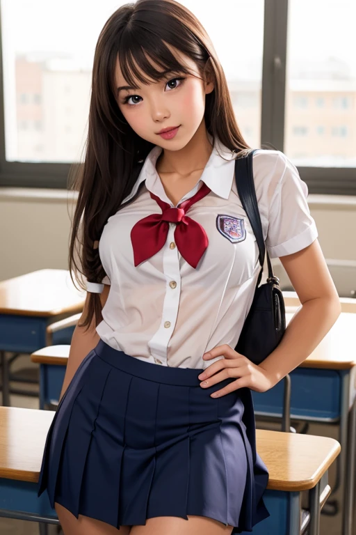 (Best Quality,4K,High resolution:1.2), Ultra-detailed, Realistic portrait, Best Quality, (outside japanese high school), (passionate scene),one very young looking high school girl, (intense emotion), (carp), (kiss:1.1), , (open eyes),(innocent look), student clothes, long black hair with bows and ribbons、Mini Pleated Skirt、(Stockings), open mouth, (very big breasts), lingerie, pigtails, thin tiny waist, black and pink marching band uniform with bow, having fun, , big brown eyes, big cute smile, (full body, perfect long legs, looking up staring into camera, far away), (very muscular lean abs, tight cropped blouse), (large round black rimmed glasses), (cat ears, thigh gap, sitting on school desk, legs spread open, skinny)