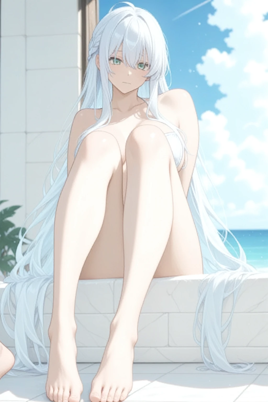 10 Talented Girls,Long straight silver hair,naked,parted bangs,Cool look,Straw hat,full body,Water's Edge
