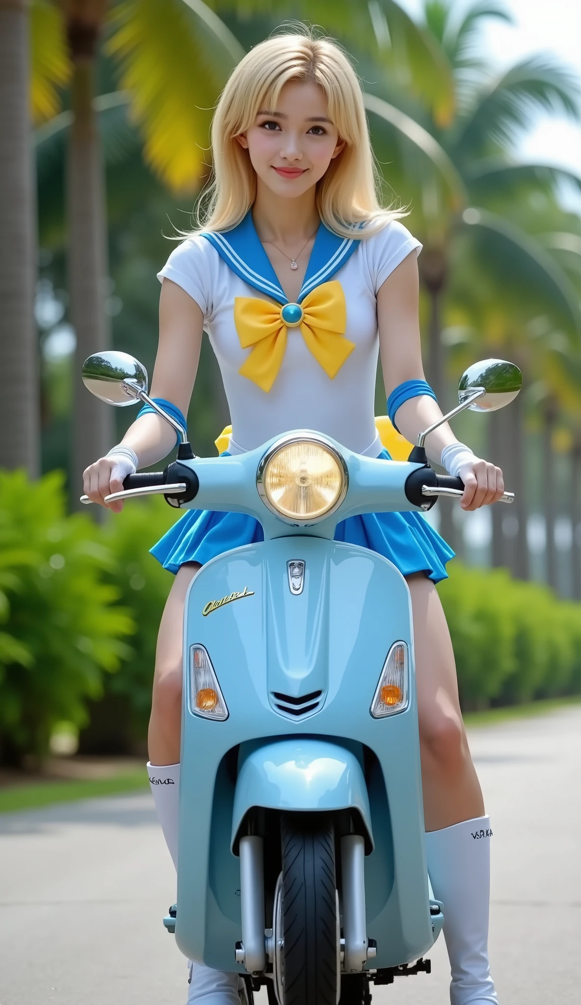 Masterpiece, 8K, Best Quality, Intricate Detail, Ultra Detail, Ultra High Resolution, ((Bright Yellow Eyes: 1.21)), ((Woman: 1.2)), HDR, Ultra Detail, EF 24-70mm f/2.8L II USM, Best Quality, High Quality, ((Photorealistic: 1.4)), ((Skin Detail: 1.2)), ((Blonde Hair: 1.1)). 1 girl, large breasts, colossal large breasts, 19 years old. A young girl dressed as Sailor Venus is riding a motorcycle outdoors. Details of reddish skin, blonde hair, short hair, flat hair, a male hairstyle, a male haircut, smiling gently with a calm and confident expression. She is wearing a sailor outfit, a tight white shirt, short shoulder-length sleeves, a blue sailor collar with two white stripes, a yellow bow tie on her chest, a large yellow bow on her back, a blue mini skirt, a blue pleated skirt, a tight mini skirt, white gloves, long gloves, knee-high boots, white boots, earrings, a tiara, characteristic of Sailor Uranus, inspired by the Sailor Moon series. Light blue motorcycle, automatic Vespa motorcycle, motorcycle with "Vespa" written on it, Background: The lush green tropical trees create a natural atmosphere. Lighting: During the day, natural light creates a cool and fresh atmosphere. Pose & Composition: The subject appears to be moving forward. Both hands are holding the handlebars of a scooter. The camera is positioned in front of the subject, capturing the shot from a low angle and slightly tilted to the left. Realistic