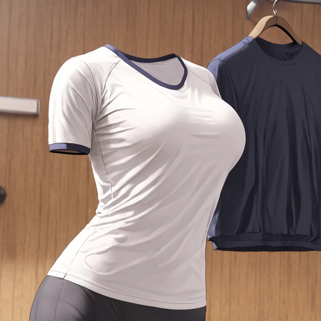 masterpiece, best quality, 1girl, solo, invisible, dark blue jeans, white shirt, turtleneck shirt, sleeveless shirt ((((no humans)))), (headless), faceless, empty clothes, anime, curves, focus on breasts, closeup on breasts, zoom on breasts, medium breasts, visible_nipples