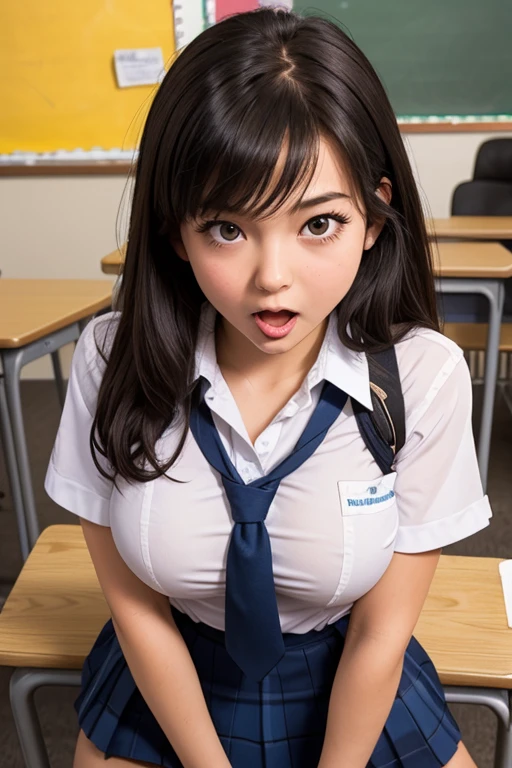 masterpiece, best quality, illustration, Super detailed, fine details, High resolution, 8K,wall paper, perfect dynamic composition,(Details High quality, realistic depiction of eyes:1.3), High School Classroom、High school girl uniform、Cardigan、Super Short Check Uniform Skirt、Navy blue high socks、garterbelts、Colossal 、Disturbed uniform、short bob hair, black hair color, Big Natural Color Lip, bold sexy pose, (perfect body shape), crying a little、Harajuku style、20 year old girl、cute type, beautiful legs, hposing Gravure Idol, Voluptuous thighs, skirtlift