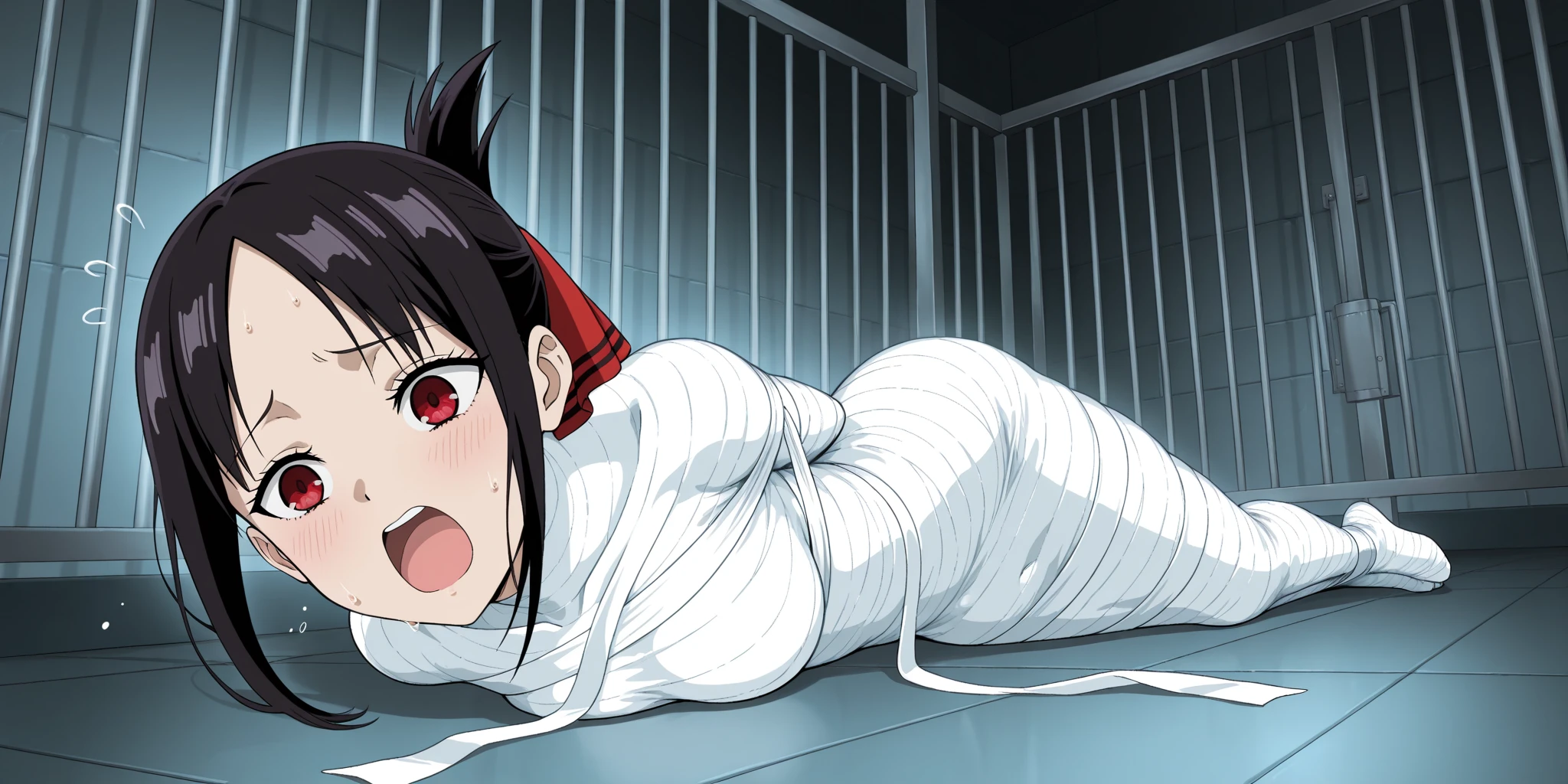 bound arms,fully tied up,ropes,Bound, Short stockings,cabelos preto e longos,lying down,Beds,delicated face,streaming tears,White uniform top,BDSM,